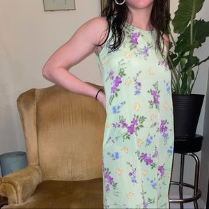 light green slip dress with floral and butterfly